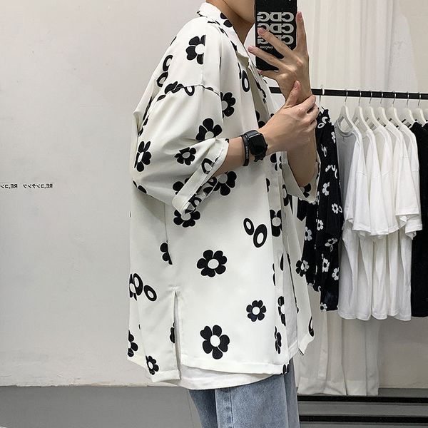 

2020 spring and summer new youth popular men's loose large size printed 3/4 sleeve shirt fashion casual shirt jacket -5xl, White;black