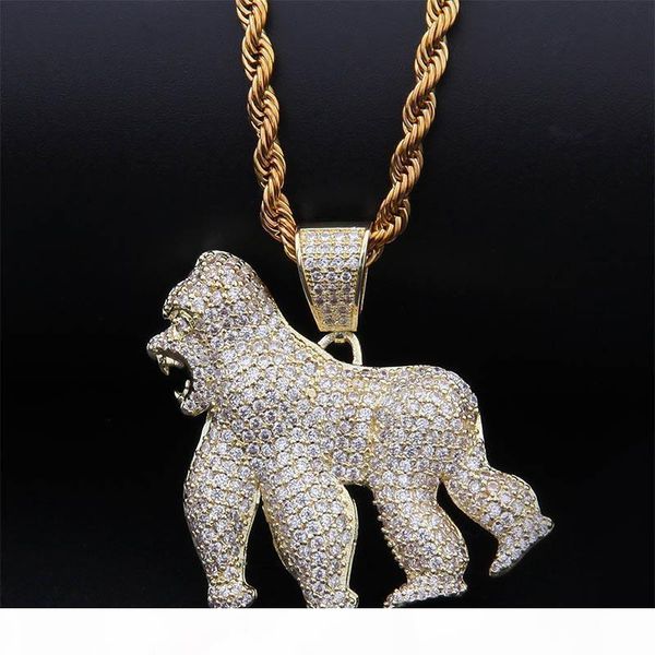 

gold silver animal gorilla king kong necklace & pendant with 4mm rope chain iced out cubic zircon bling men hip hop jewelry gifts