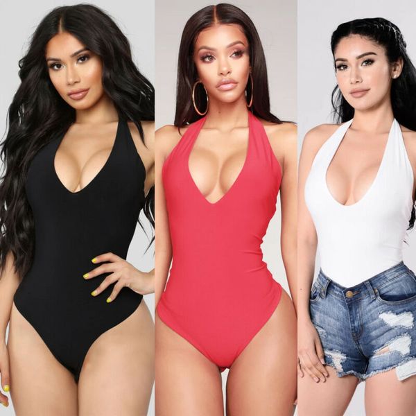 

women's jumpsuits & rompers womens bodysuit v-neck bustier slim sleeveless backless plain skinny 2021 fashion solid color, Black;white