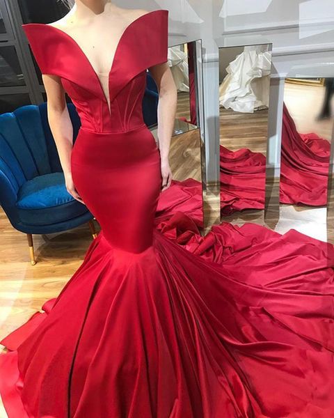

red mermaid long evening dress arabic off the shoulder satin ruched simple african sweep train formal party prom gowns robes de soiree, Black;red