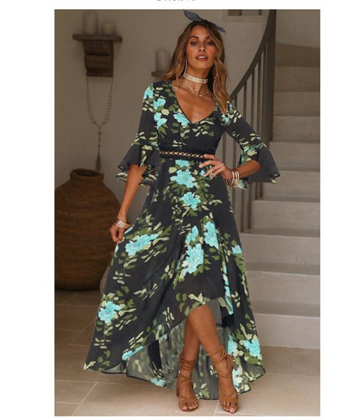 

Summer Flora Printed Women Dress Female V Neck Hi Lo Dresses Casual Ladies Holidays Dresses Sexy Lace panelled Dress