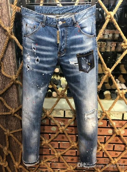 

mens denim jean embroidery tiger pants holes jeans biker zipper men denim pants trousers, Blue