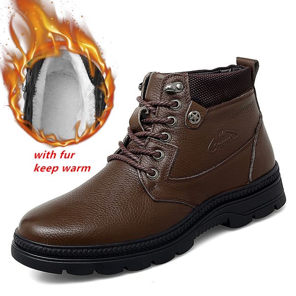 

men genuine leather boots winter keep warm cotton boots waterproof anti-slip high-lace-up men winter warm, Black