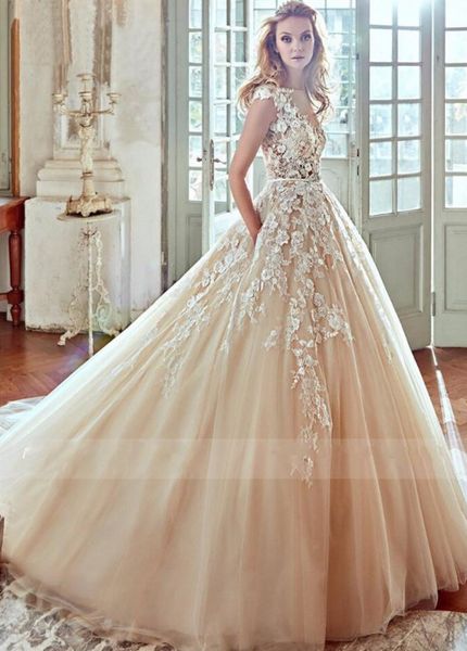 Botão maravilhoso Champagne Tulle Wedding Dress Pescoço da colher Lace Appliques Vestido de Noiva Voltar com Belt Vestidos de Novia vestidos de casamento 2020