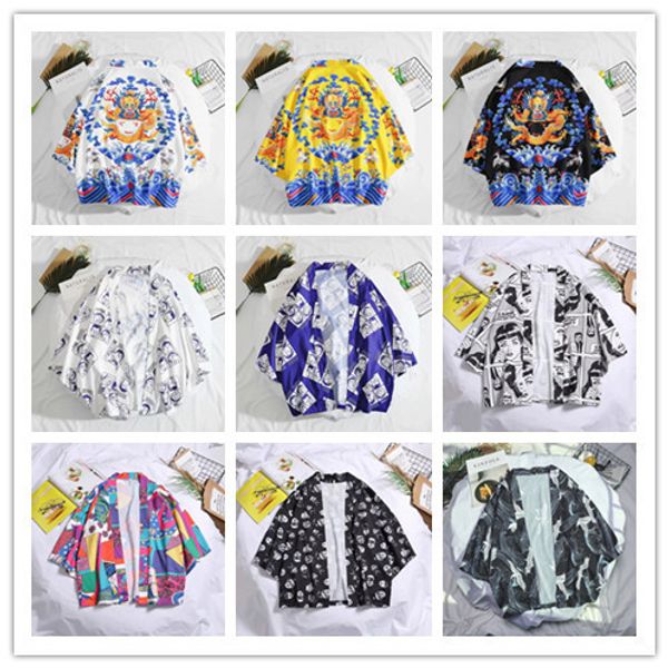 

mens designer loose european code lining shirt 3d printing dragon robe couple casual kimono thin outer shirt clothes, White;black