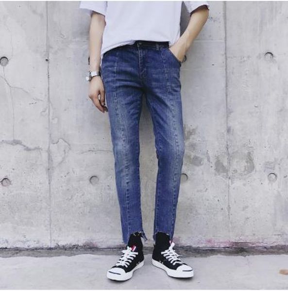 

mens fashion splice slim fit denim pant male casual pencil jean trousers ankle length pencil pant, Blue