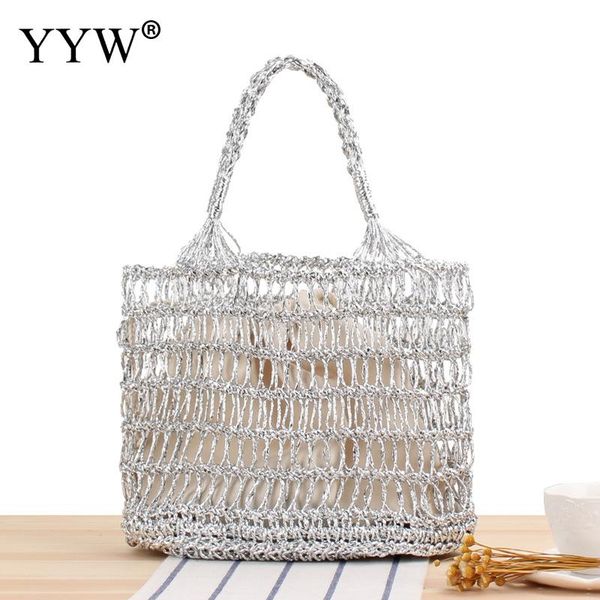 

fashion summer beach straw woven bags tote shoulder bags gold silver simple rattan basket shoulder beach handbag