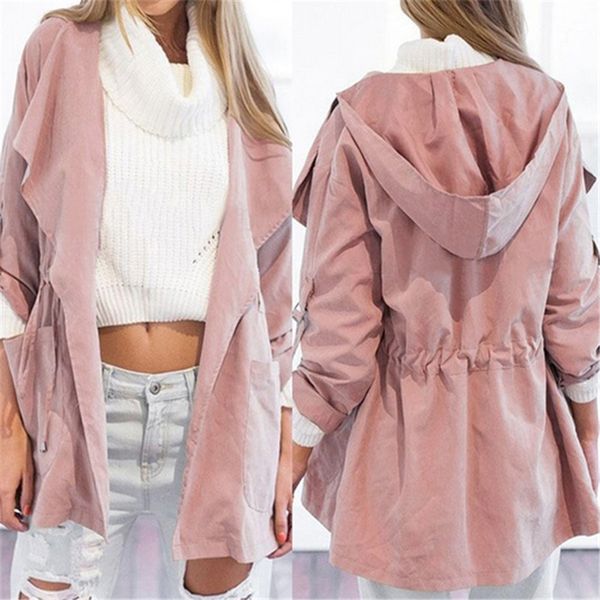 

autumn women's casual hooded windbreaker coat turndown collar overcoat outerwear coat solid color trench belt slim, Black;brown