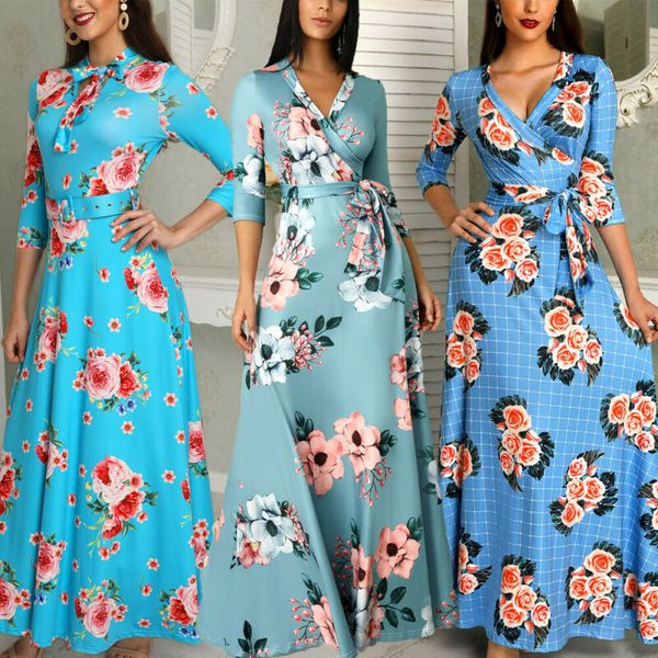 

2019 women floral print short sleeve dress ladies boho long maxi summer evening party dress, Black;gray