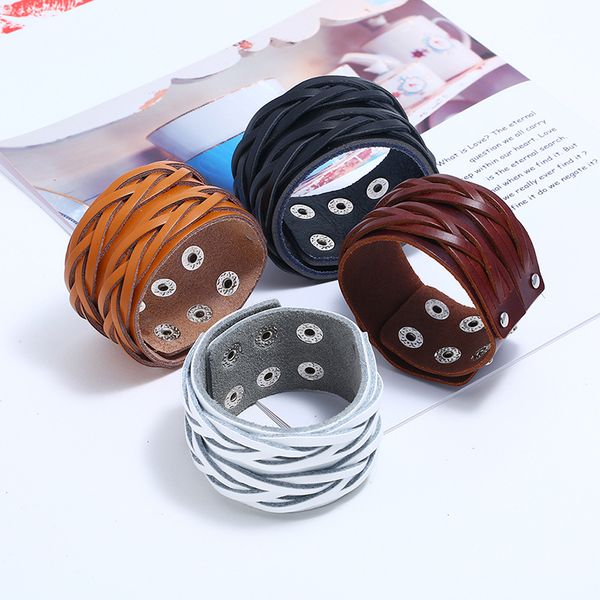 

fashion wide leather bracelet for men brown white black wide cuff bracelets bangle wristband vintage punk male jewelry gift