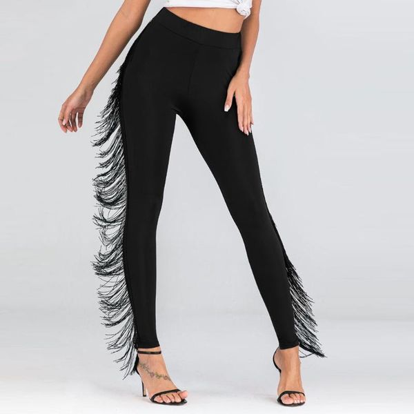 

2020 new tassels elegant high waist tights zip tassel fashion versatile black solid color fringed pants zipper#j30, Black;white