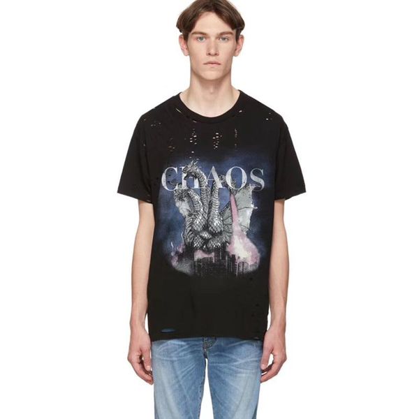 

19ss am1r1 city dragon t-shirt logo printed hole футболка мужчины женщины summer street омывается урожай коротким рукавом повседневная мода, White;black
