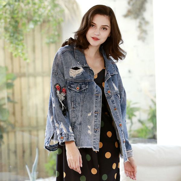 

women's jackets sailing lu loose denim women 2021 spring punk embroidery short jacket batwing sleeve coat moto & biker outwears wwj954, Black;brown