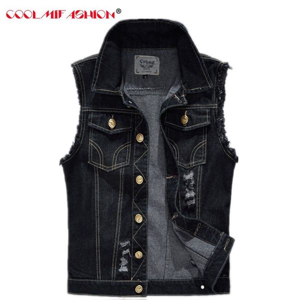 

men's jeans vest single breasted jeans vest for men casaco masculino vintage dejeans sleeveless jacket men hole ripped cow boy, Black;white