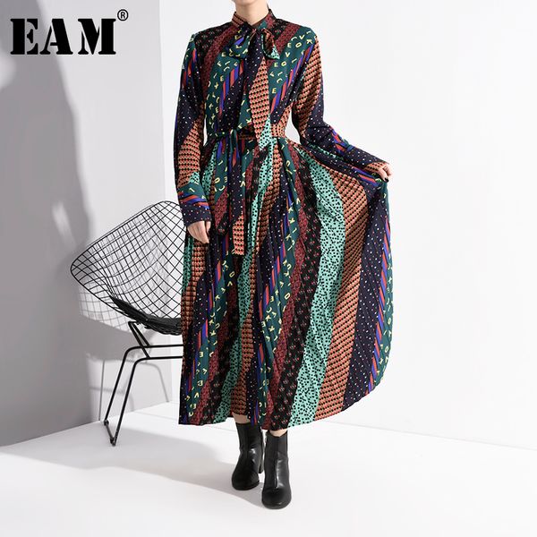 

eam] женщины pattern pritn split joint темперамент платье новый лук воротник длинным рукавом сыпучие fit мода весна осень 2020 a853, Black;gray