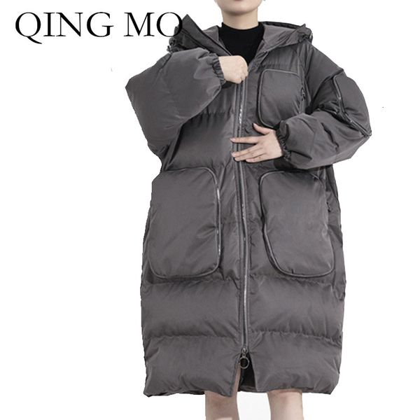 

qing mo fashion winter women hooded parkas 2019 women thick warm parkas with pockets black grey green yellow zqy2179