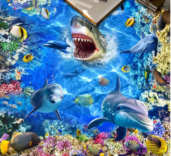 

пользовательские 3d наклейка на полу ocean world дельфин 3d стерео живопись s ванная комната спальня виниловые полы росписи пвх водонепрониц