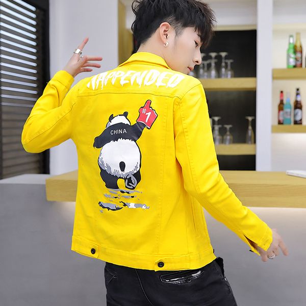 

fashion mens short denim jacket long sleeve jacket cartoon pattern back single breasted cool jackets students outwear l11, Black;brown