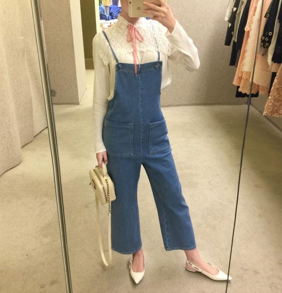 

law single summer fresh pocket loose bib lady women's wear siamese pants, Blue