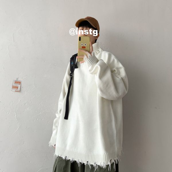 

winter turtleneck sweater men's warm fashion casual knit pullover mens streetwear loose sweaters male sweter clothes -2xl, White;black