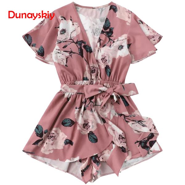 

floral print belted waist tied layered playsuit women fall loose plunging neck butterfly sleeve mini playsuits 2019 overalls, Black;white
