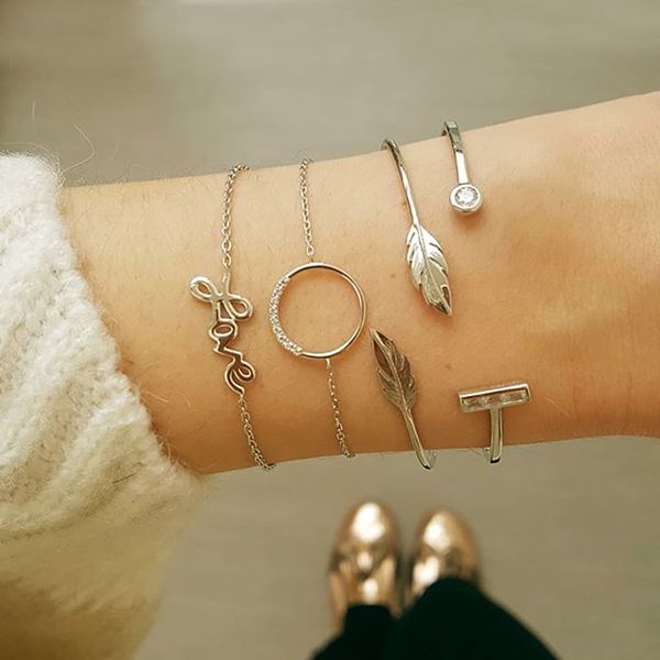 

4 pcs/ set gold color open cuff bracelets bangles for women korean style leaf letter charm bracelets women's jewelry accessories, Black
