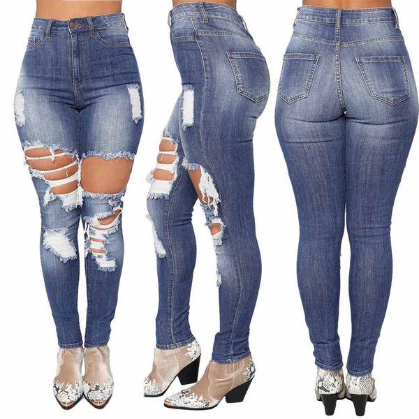 

fashion jeans women skinny slim ripped jeans denim hole female high waist stretch slim pencil pants mujer s10, Blue