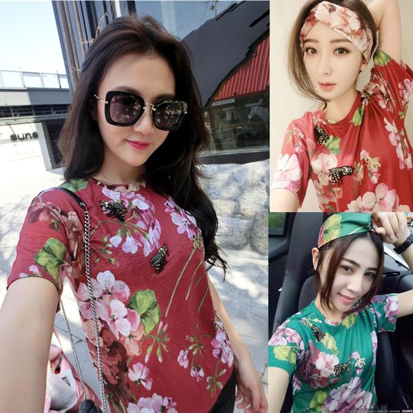 

new blush pink blooms print women t shirts famous brand designer spring summer ladies tshirts with bees, White