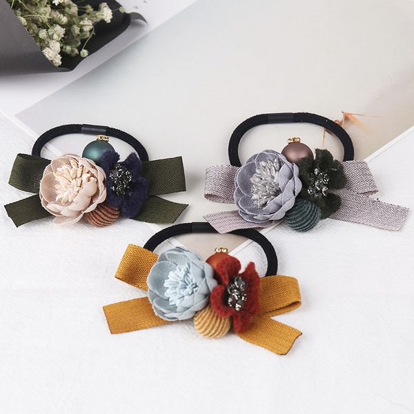 

fashion flower bow hair rope hairball bead elastic hair band girl crystal scrunchie accessories flowers festival headwear