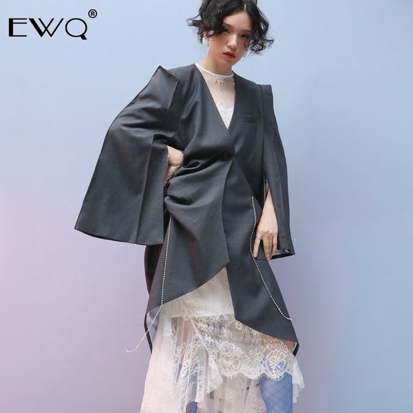 

ewq 2019 new autumn grey vintage fashion windbreaker loose big size v collar asymmetric style women spring coat tide fq395, Black;brown