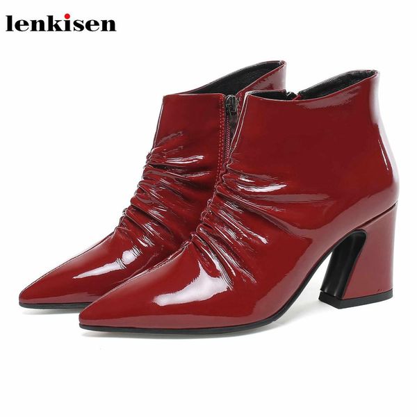 

lenkisen pleated genuine leather high heels pointed toe office lady chunky winter keep warm fashion gentlewomen ankle boots l1f2, Black