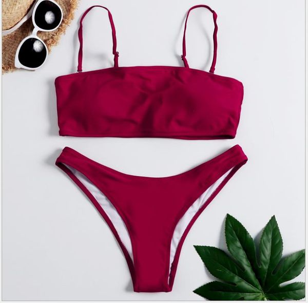 

new swimsuit 2019 bikini pure-color high-waist split swimsuit bikin swimsuit female