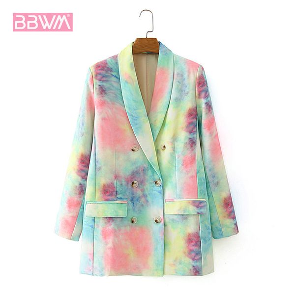 

women's suits & blazers fall long-sleeved fashion retro tie-dyed double-breasted blazer with collar is loose and casual coat tide femal, White;black
