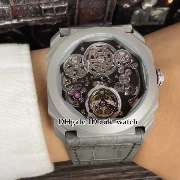 Nuovo Octo Finissimo Tourbillon Custodia in titanio 102937 102719 Orologio automatico da uomo scheletrato Quadrante nero Cinturino in pelle Orologi da uomo di alta qualità