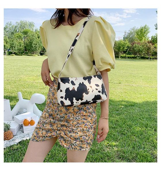 

fashion design women underarm baguette handbags vintage pu leather milk cow print girls shoulder messenger bags female