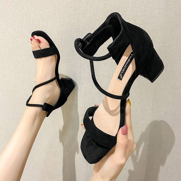 

block heels velvet shoes sandals med buckle strap 2020 summer suit female beige chunky women's fashion closed medium, Black