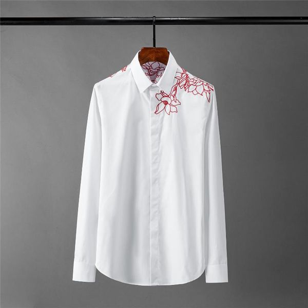 

men's casual shirts flower embroidery mens luxury long sleeve party male plus size 4xl fashion slim fit man, White;black