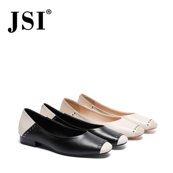

jsi women shoes round toe mixed colors shallow ladies pumps genuine leather slip-on office and career basic women shoes jo335, Black