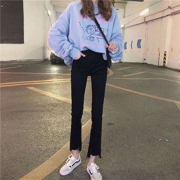 

черный заусенцы джинсы женский kz tall талии straight, Blue