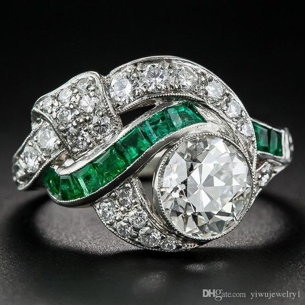 

vintage jewelry 925 sterling silver emerald & diamond engagement promise rings size 5 6 7 8 9 10 11 12, Golden;silver