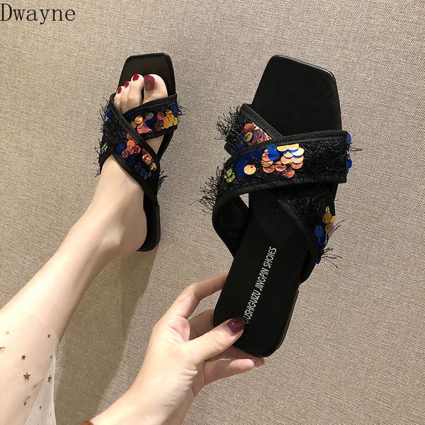 

sandals and slippers female fairy wind 2020 summer wild tassel sequin slippers women, Black