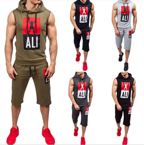 

sports summer designer tracksuits with letters sleeveless sweat suits men's running hoodies&shorts track suits clothing, Gray
