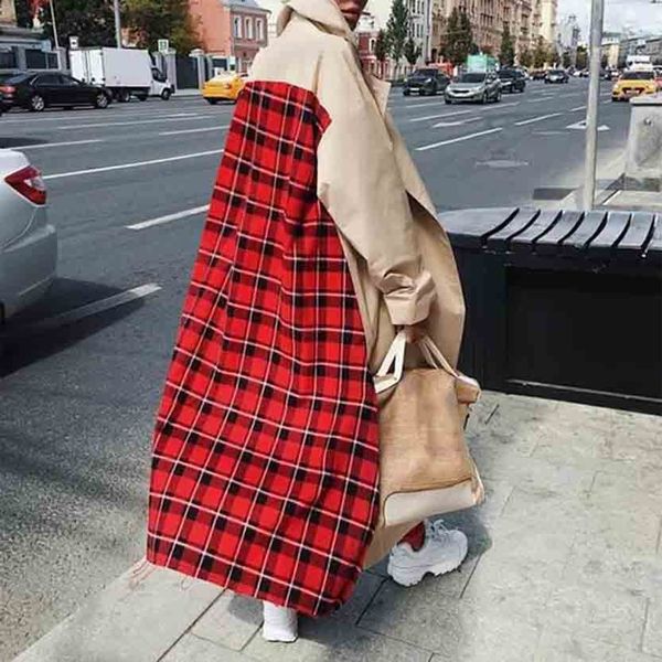 

casual female trench coat pattern medium-long long sleeve vintage plaid outwear turn-down collar women windbreaker, Tan;black