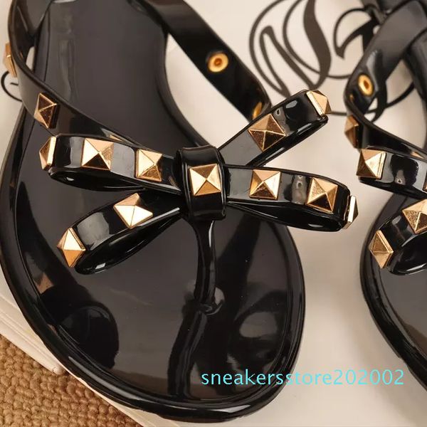 

new 2018 woman summer sandals rivets big bowknot flip flops beach sandalias femininas flat jelly designer sandals s02, Black