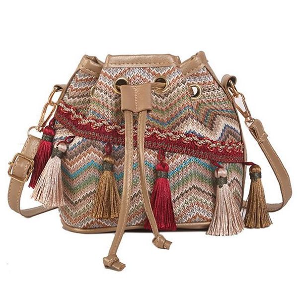 

2019 new fashion tassel shoulder bag vintage ethnic style woven women's bucket bag crossbody bags for beach travel