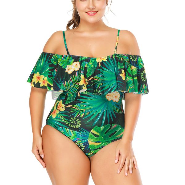 

plus size floral print bathing suit women one piece swimsuit ruffle padded swimwear bodysuit swim suit maillot de bain femme, White;black