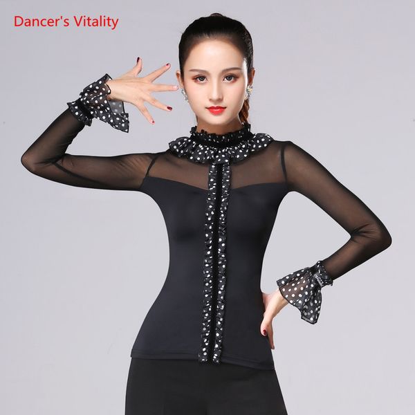 

latin dance costumes autumn female gauze long sleeves dancing women ballroom waltz dance stage practice clothes, Black;red