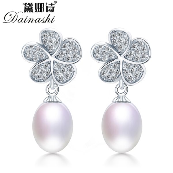 

dainashi 925 sterling silver zircon flower earrings 100% genuine freshwater cultured oval pearl drop earrings for women sale, Golden;silver