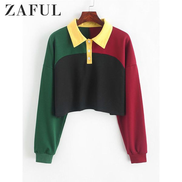 

zaful colorblock half button crop sweatshirt women patchwork loose short shirt drop shoulder autumn 2019, Black