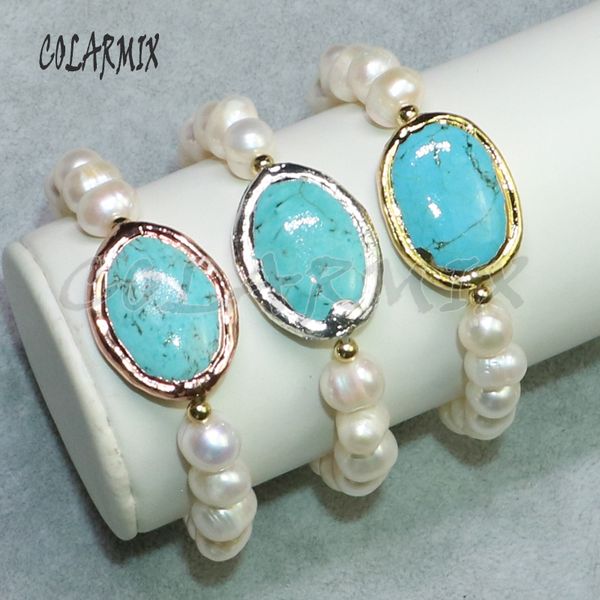 

5 pieces freshwater pearl bracelets beaded jewelry with blue stone wholesale jewelry crafted bracelets for women 9104, Golden;silver